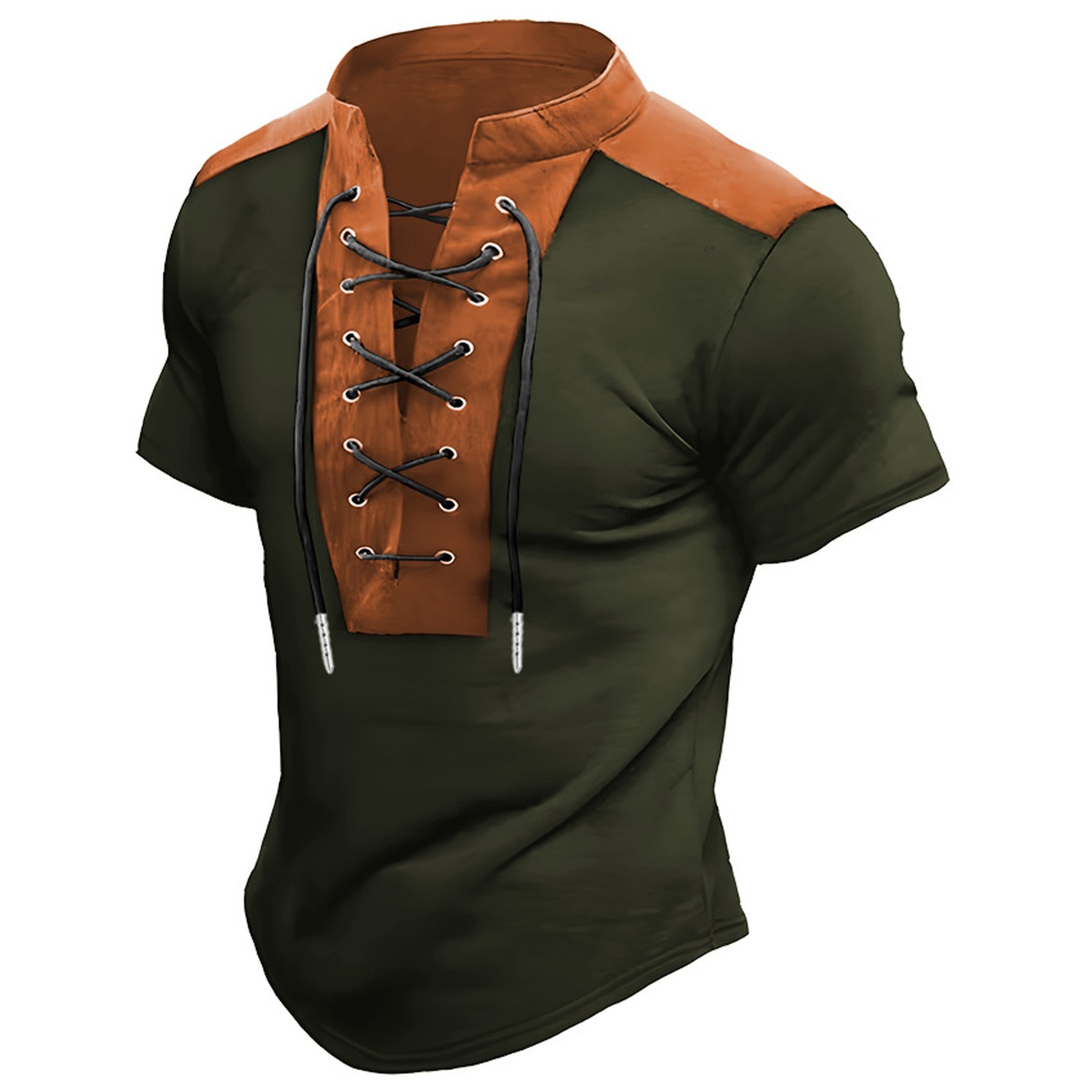 thumbnail image 4 of Camisa de manga corta con cuello alto y bloques de color para hombre - Cuello en V informal y cómodo - Poliéster/spandex, tallas M-XXXL, 4 of 4